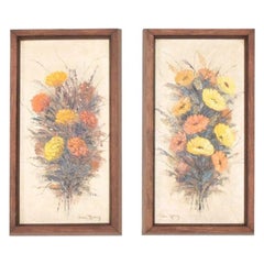 Set of 2 Paintings by Artist Pina Moberly Yellow Orange Floral Bouquet