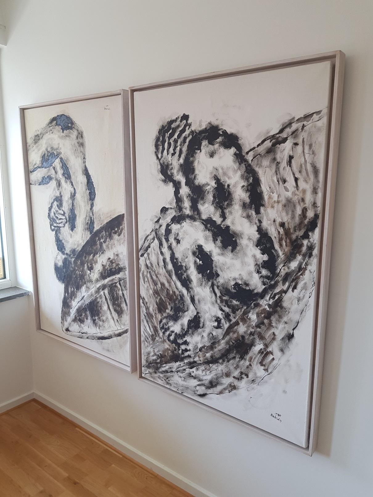 Set of 2 Paintings by Pavlos Habidis, Oil and Ink on Canvas, 1989 and 1991 In Good Condition For Sale In Limhamn, SE