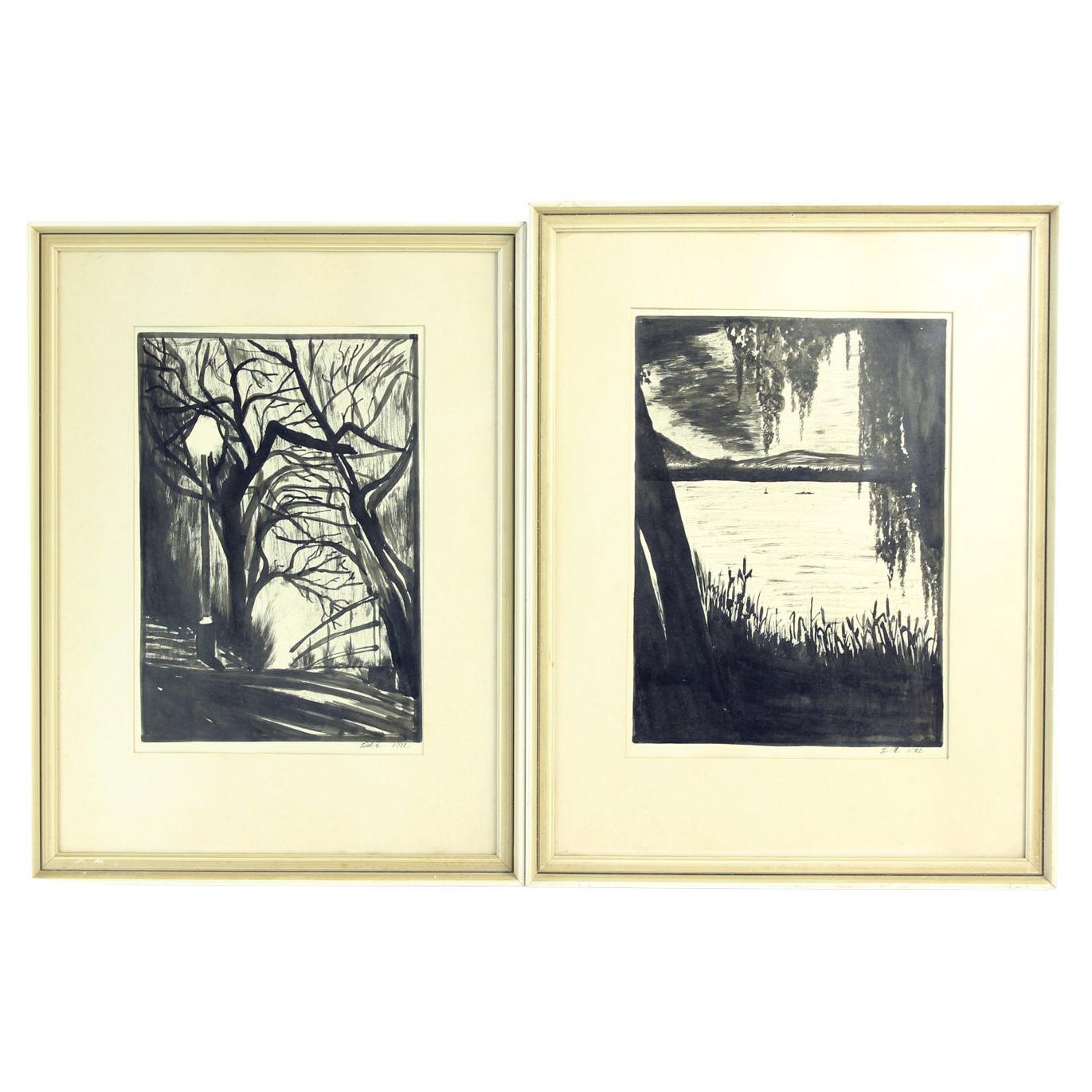 Set Of 2 Paintings On Paper, Signed Sestak 1972