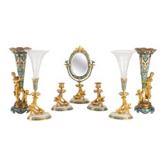 Set of 2 Pairs of Bouquetières, Mirror and Pair of Candlesticks Aux Amour