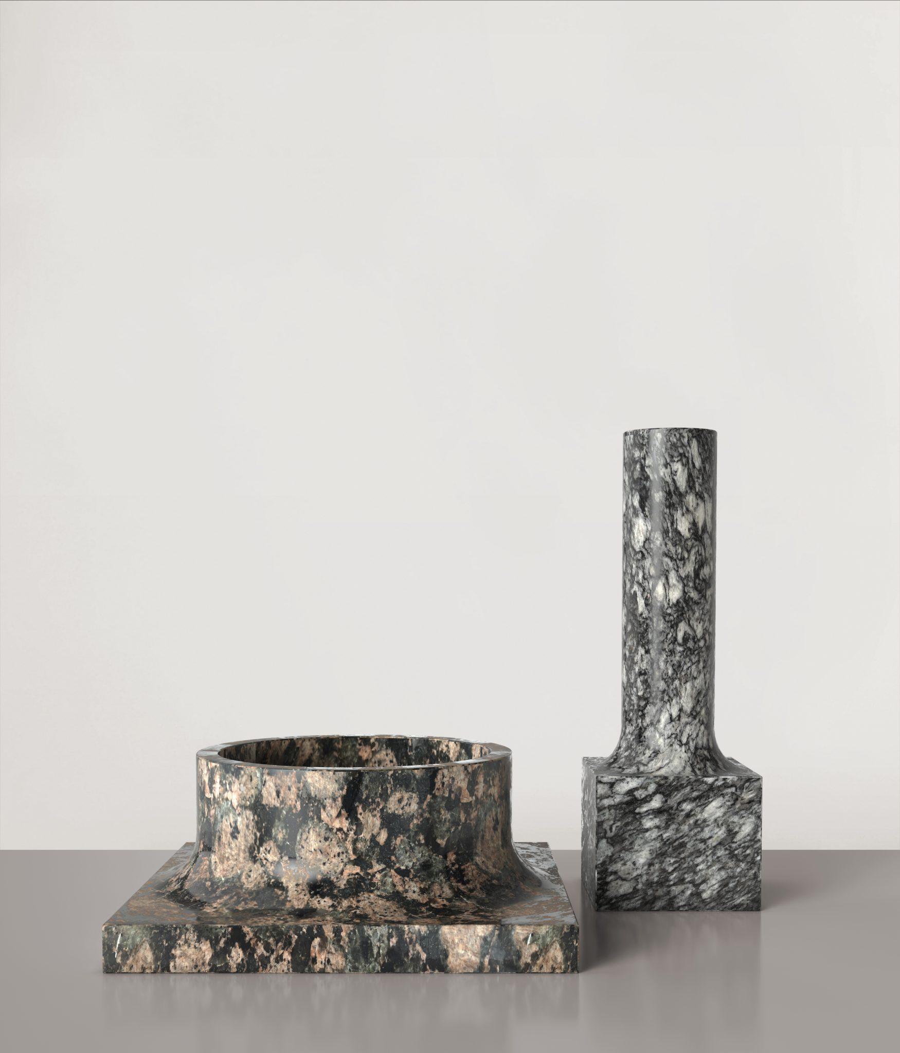 Set of 2 palazzo V1 and V2 vases by Edizione Limitata
Limited Edition of 150 pieces (each). Signed and numbered.
Dimensions: 
V1: D 29 x W 29 x H 12 cm.
V2: D 12 x W 12 x H 35 cm.
Materials: Granite.

Edizione Limitata, that is to say