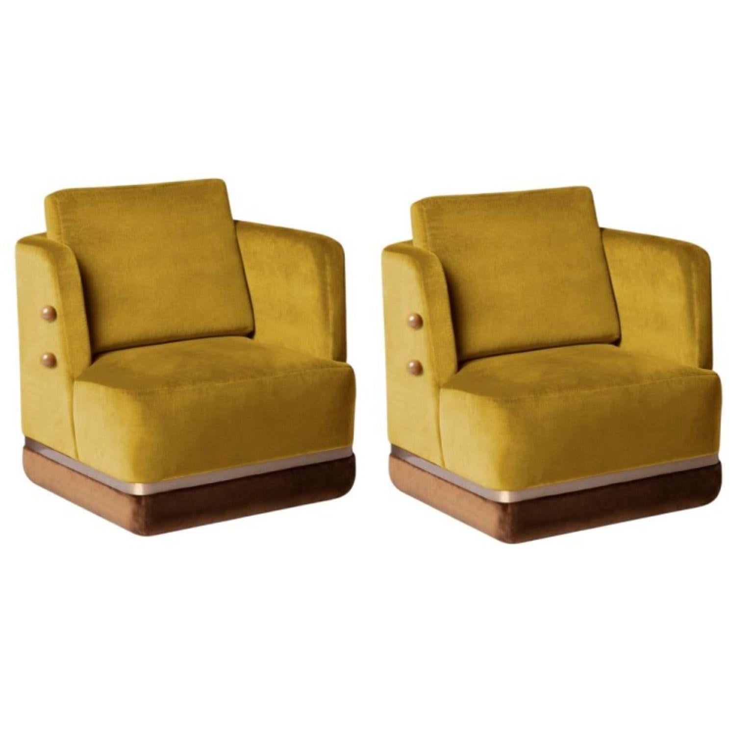 Set of 2 Panorama armchairs by Dooq.
Materials: Lacquered MDF, fabric, leather, stainless steel.
Dimensions: W 69 x D 73 x H 86 cm.

Dooq is a design company dedicated to celebrate the luxury of living. Creating designs that stimulate the