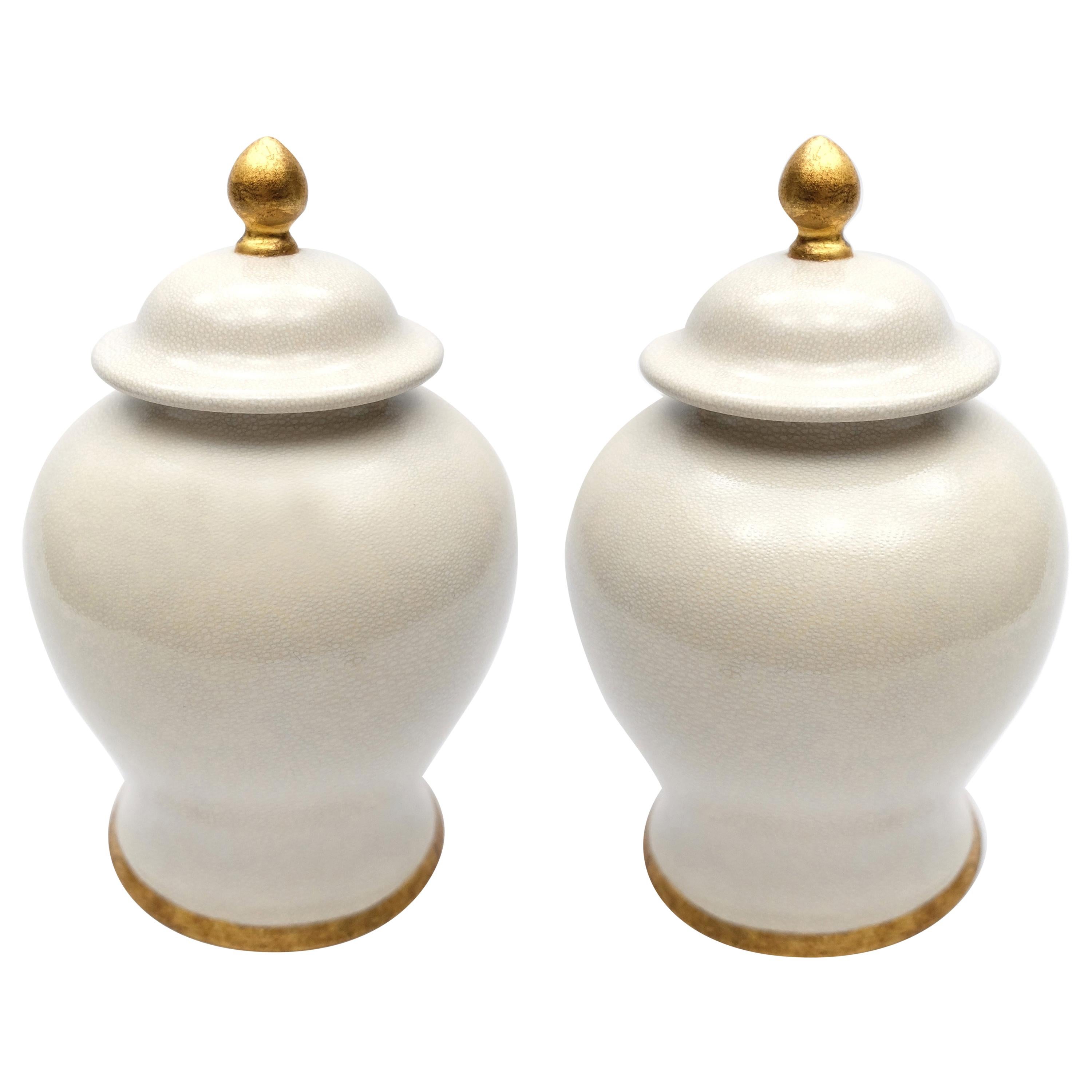 Set of '2' Paolo Marioni Italian Glazed Ceramic Jars Gold-Leaf Accents For Sale