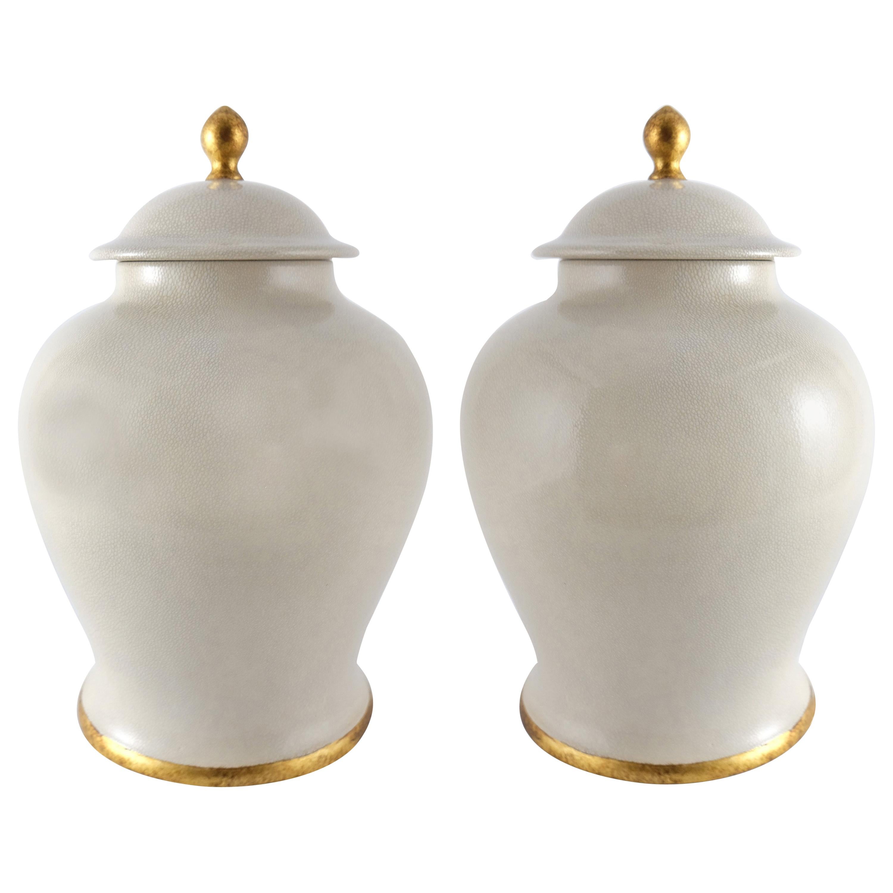 Set of (2) Paolo Marioni Large Italian Glazed Ceramic Jars Gold-Leaf Accents For Sale