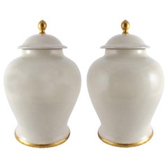 Set of (2) Paolo Marioni Large Italian Glazed Ceramic Jars Gold-Leaf Accents