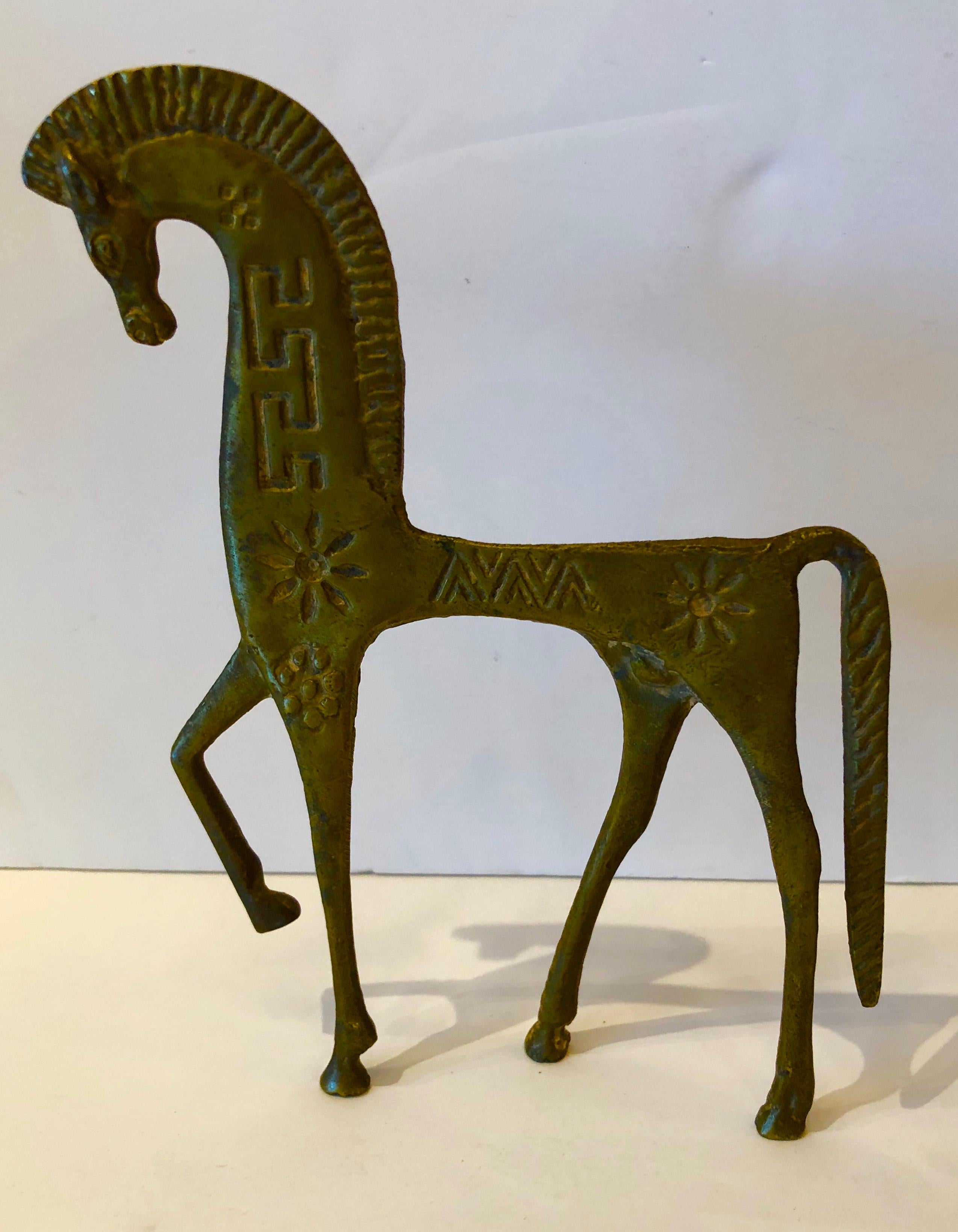 Mid-Century Modern Set of 2 Patinated Etruscan Brass Horse Sculptures in Style of Pepe Mendoza