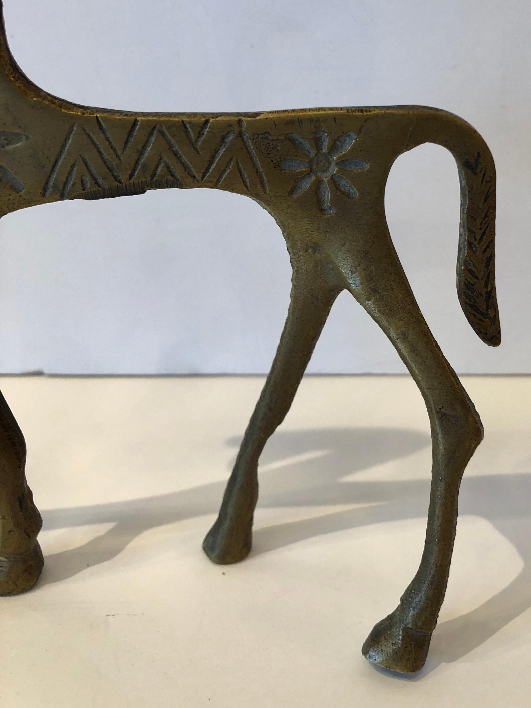 20th Century Set of 2 Patinated Etruscan Brass Horse Sculptures in Style of Pepe Mendoza