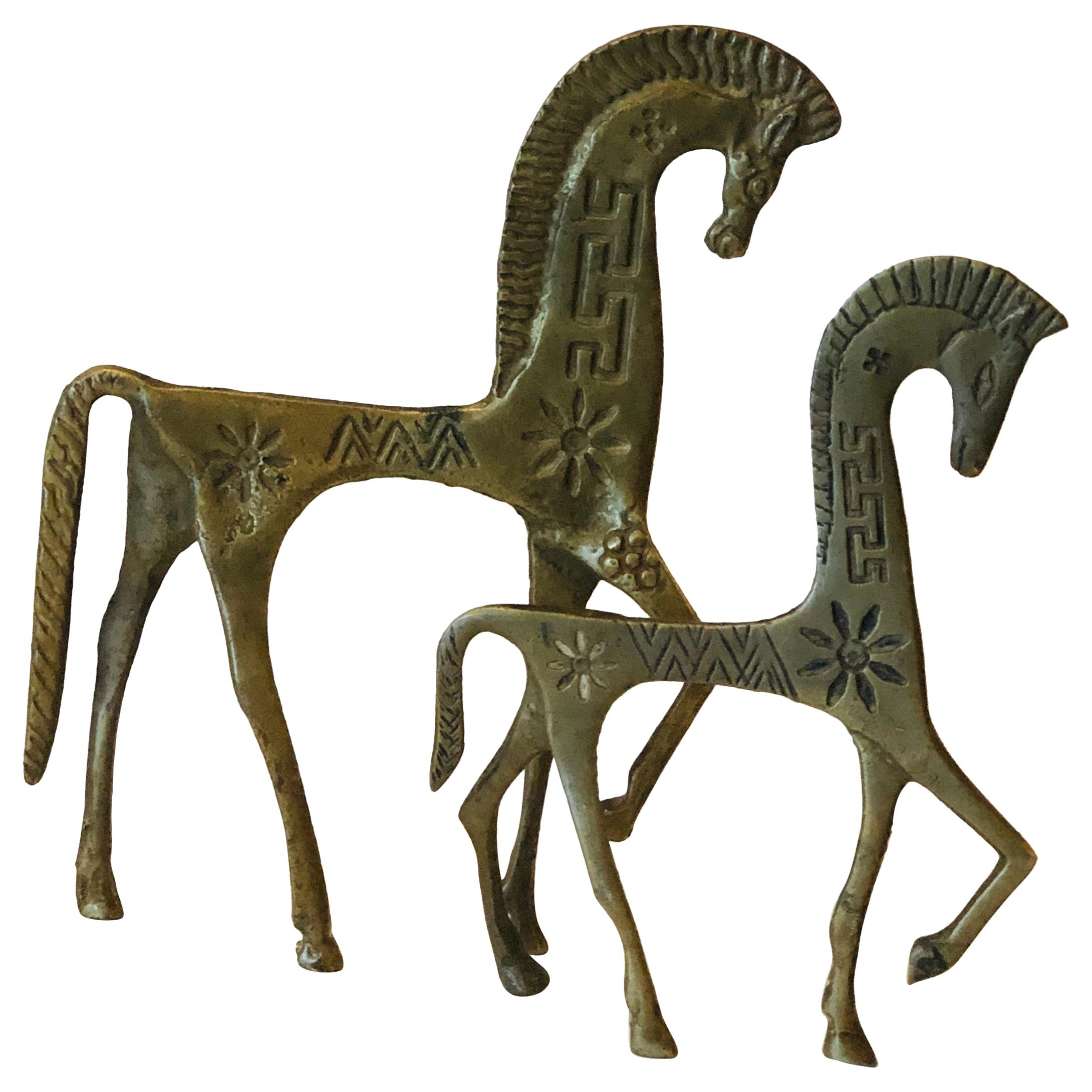 Set of 2 Patinated Etruscan Brass Horse Sculptures in Style of Pepe Mendoza