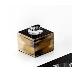 Set Of 2 Patino Lighter & Ash Tray in Horn, Brass & Gloss Ebony by Arcahorn