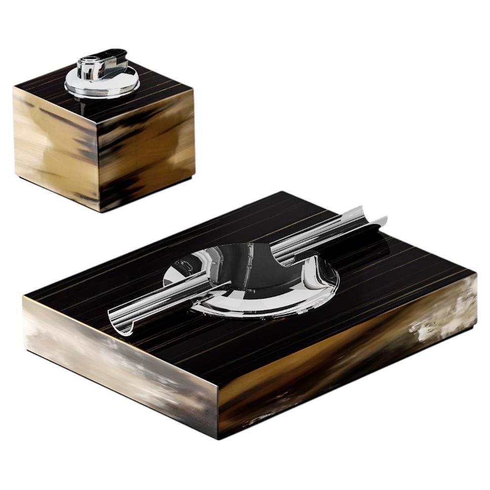 Set Of 2 Patino Lighter & Ash Tray in Horn, Brass & Gloss Ebony by Arcahorn