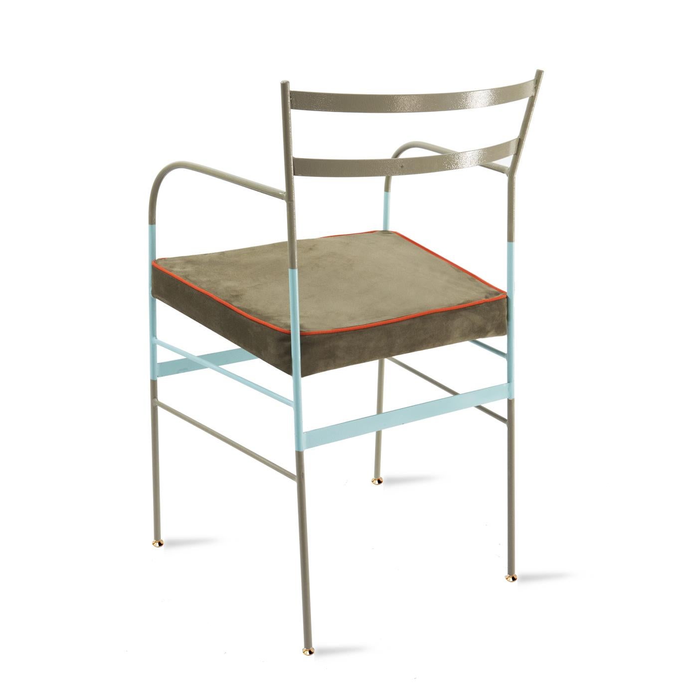 Bold piping on graceful tones of suede produces a neo-retro quality, finished with a uniquely organic compound paint and polish to prevent rust. Handcrafted in Italy from high-strength iron, these garden chairs by Sotow boast both style and