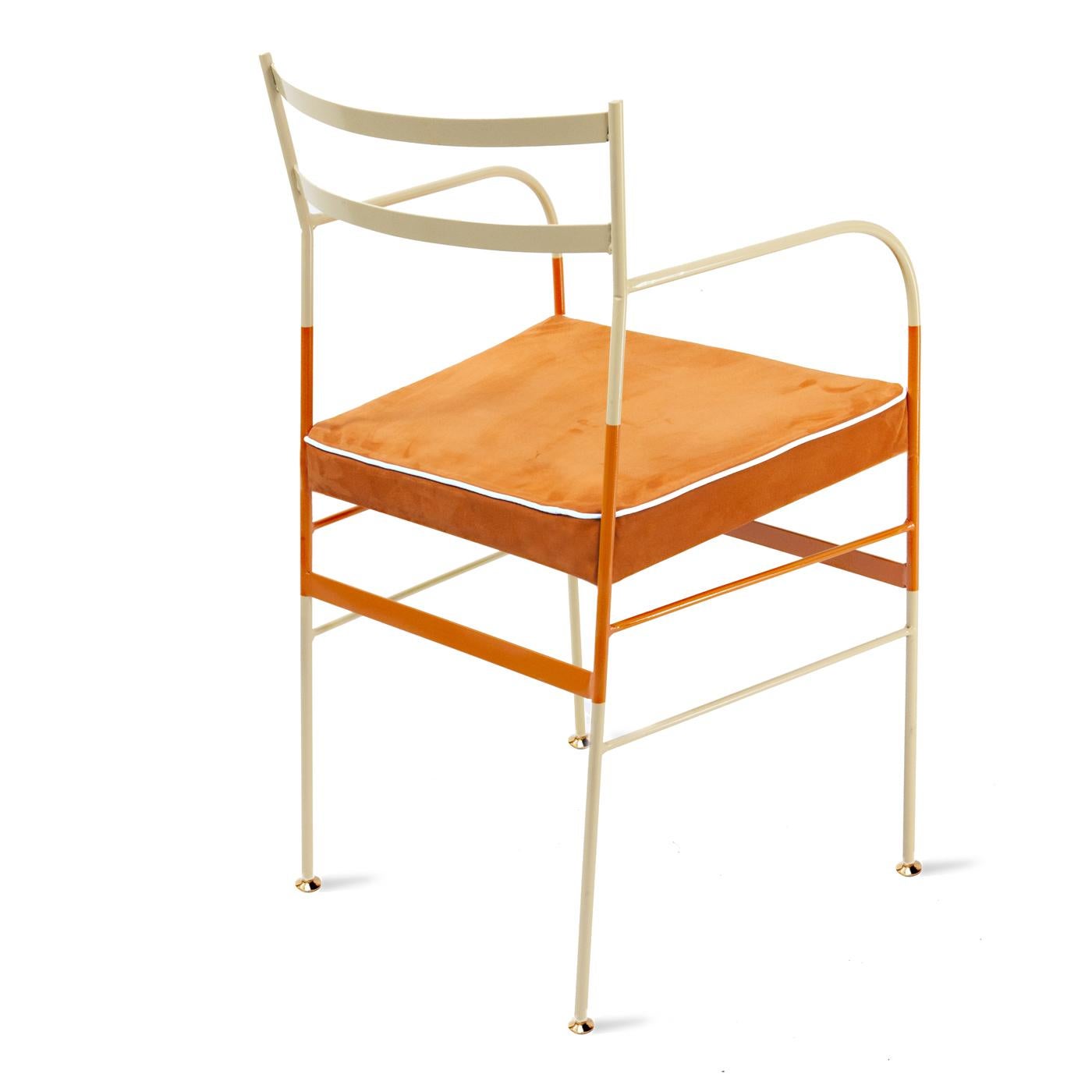 Suede piping on contrasting bright tones produces a neo-retro quality, finished with a uniquely organic compound paint and polish to prevent rust. Handcrafted in Italy from high-strength iron, these garden chairs by Sotow boast practicality and