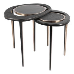 Set of 2 Peacock Nesting End Table in Black Shagreen Shell Brass by R&Y Augousti