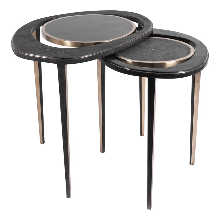 Shagreen Stingray Set of 2 Peacock Nesting Tables in Shagreen Tiger Eye, and Brass by R&Y Augousti For Sale