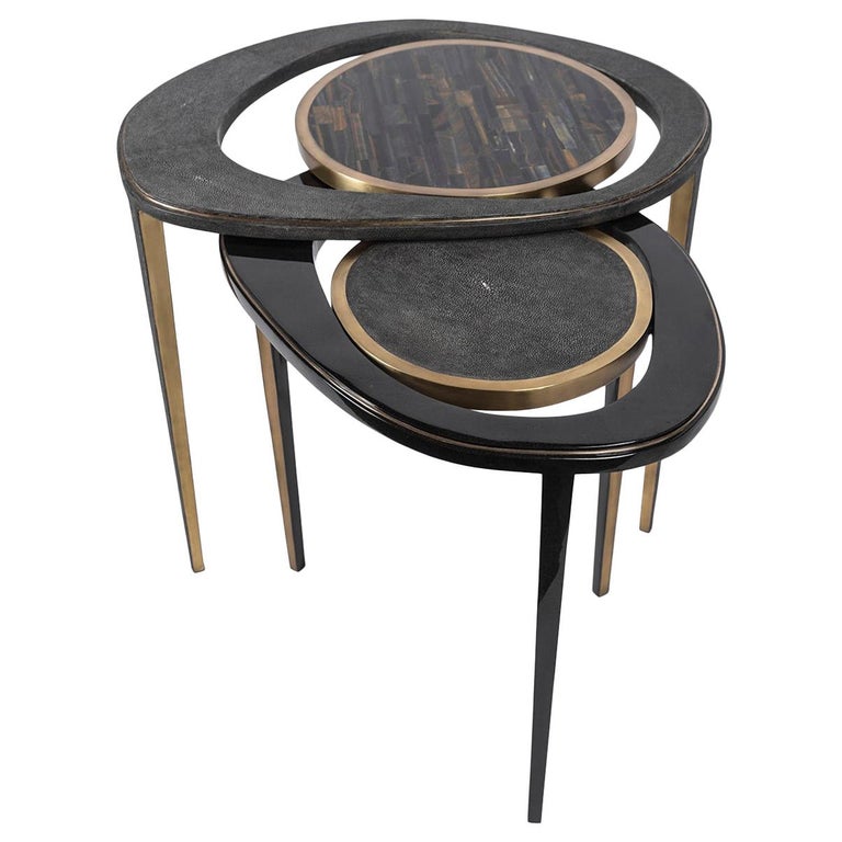 Set of 2 Peacock Nesting Tables in Shagreen Tiger Eye, and Brass by R&Y Augousti For Sale