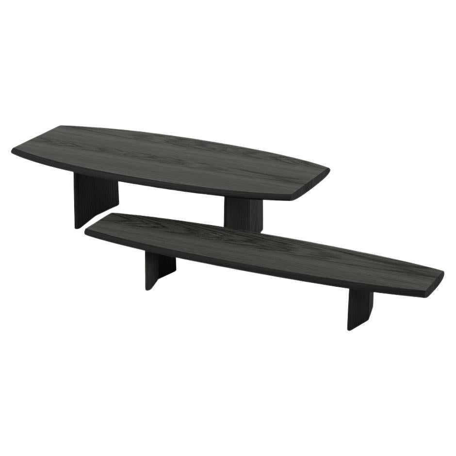Set of 2 Peana Coffee Tables, Bench in Black Tinted Wood Finish by Joel Escalona For Sale