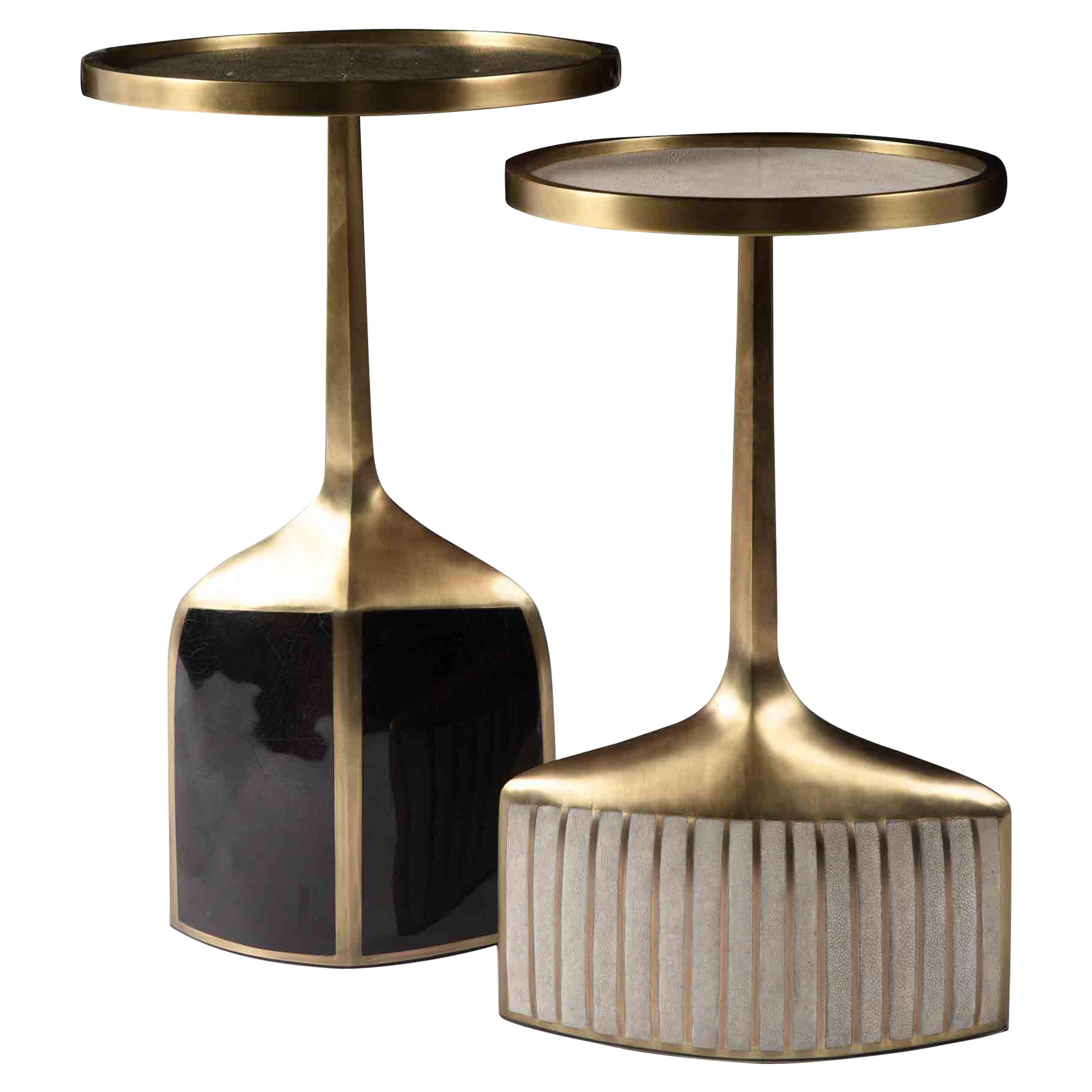 Set of 2 Pedestal Tables in Shagreen, Shell, and Brass by R&Y Augousti