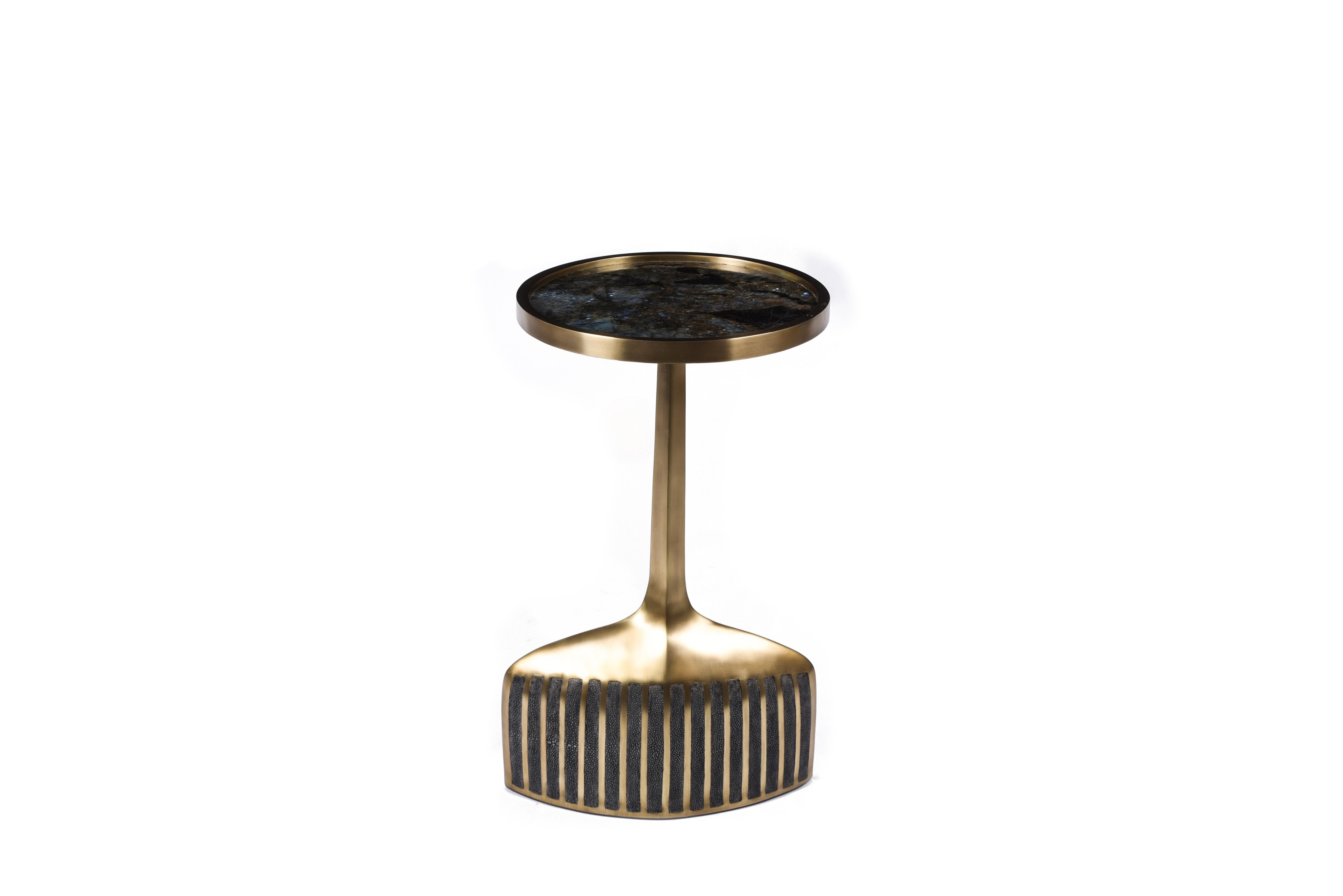French Set of 2 Pedestal Tables in Shagreen, Shell, Lemurian and Brass by R&Y Augousti For Sale
