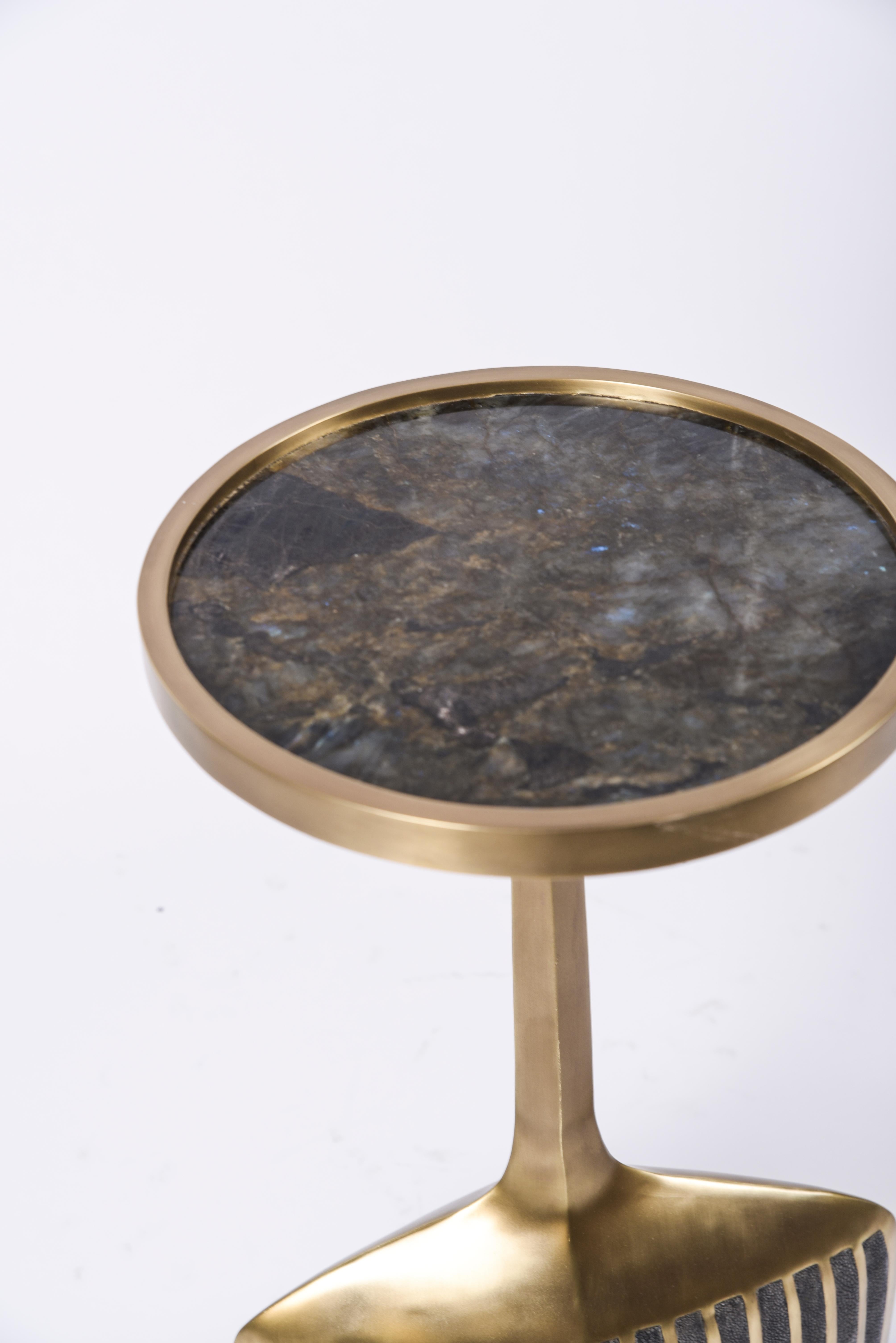 Shagreen Stingray Set of 2 Pedestal Tables in Shagreen, Shell, Lemurian and Brass by R&Y Augousti For Sale
