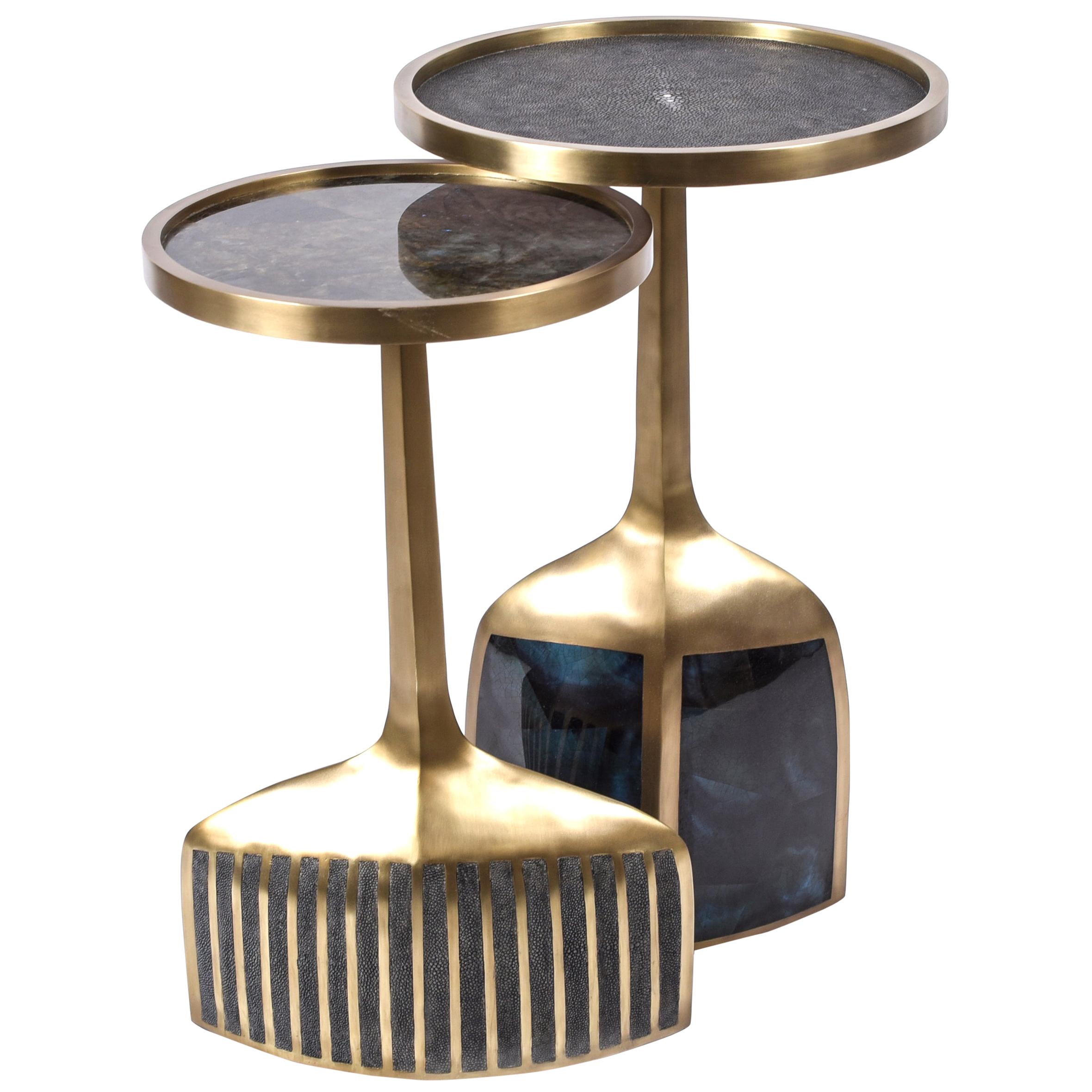 Set of 2 Pedestal Tables in Shagreen, Shell, Lemurian and Brass by R&Y Augousti For Sale