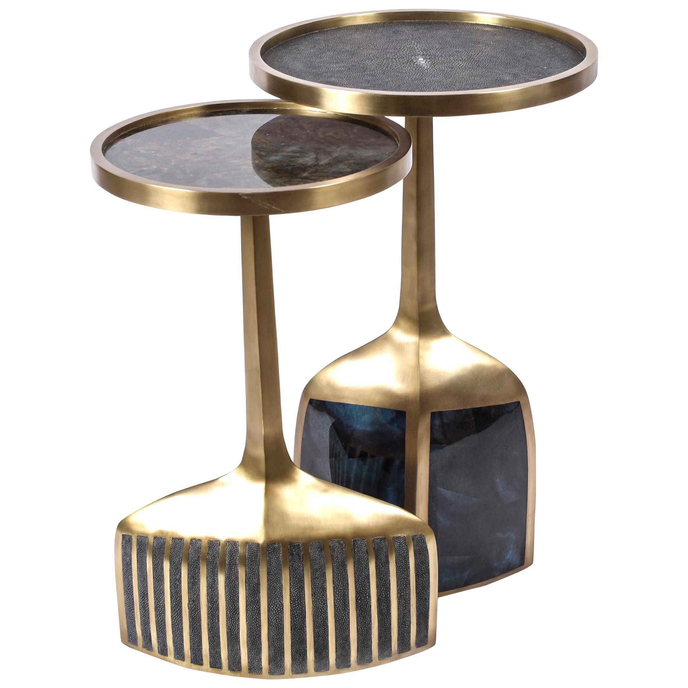 Set of 2 Pedestal Tables in Shagreen, Shell, Lemurian and Brass by R&Y Augousti
