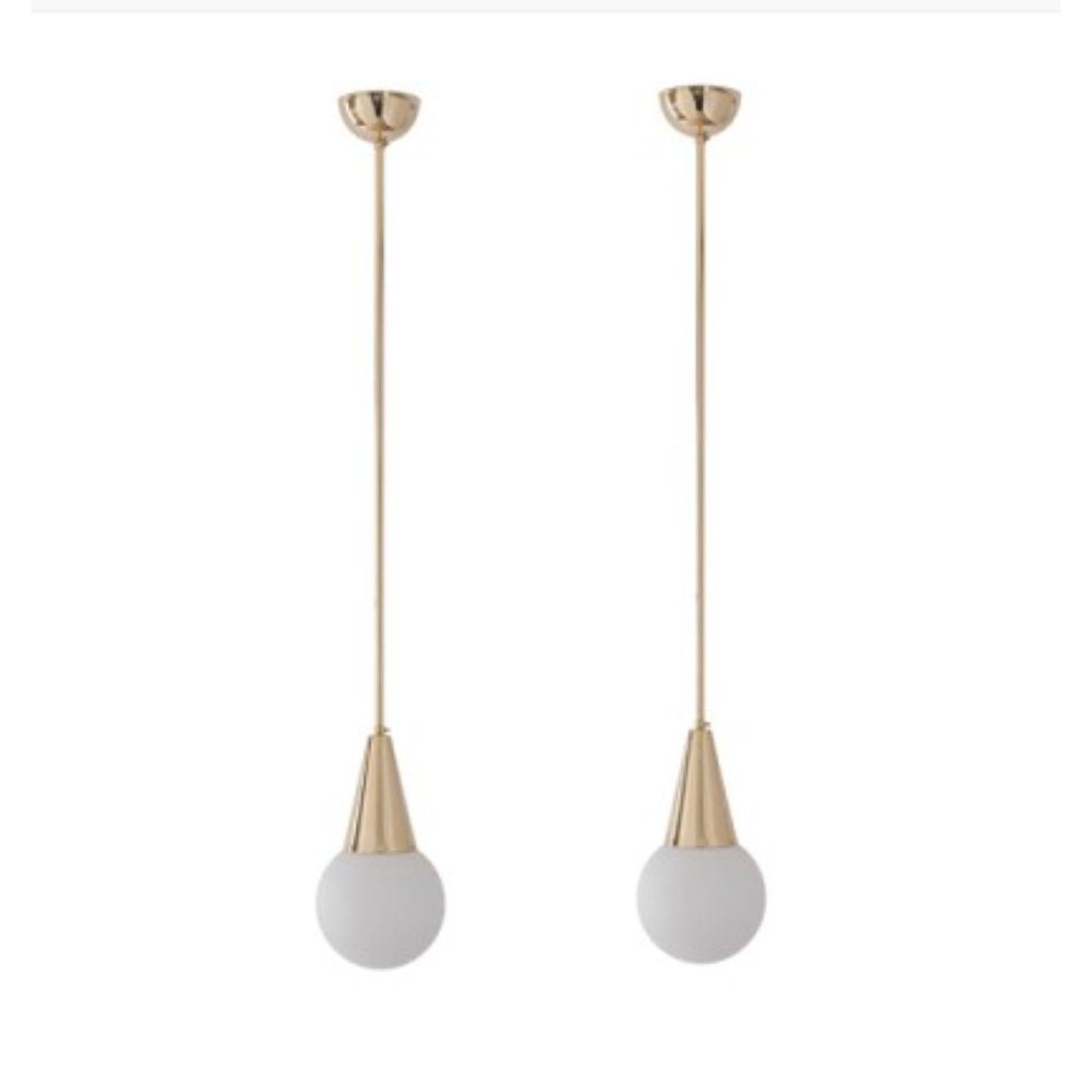 Set of 2 pendants 05 by Magic Circus Editions
Dimensions: D 25 x W 25 x H 150 cm, also available in H 110, 130, 150, 175, 190 cm
Materials: Brass, mouth blown glass

All our lamps can be wired according to each country. If sold to the USA it