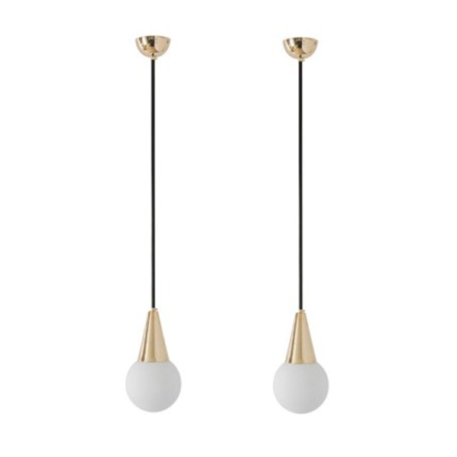 Set of 2 pendants 05 by Magic Circus Editions
Dimensions: D 25 x W 25 x H 175 cm, also available in H 110, 130, 150, 190 cm
Materials: Brass, mouth blown glass

All our lamps can be wired according to each country. If sold to the USA it will be