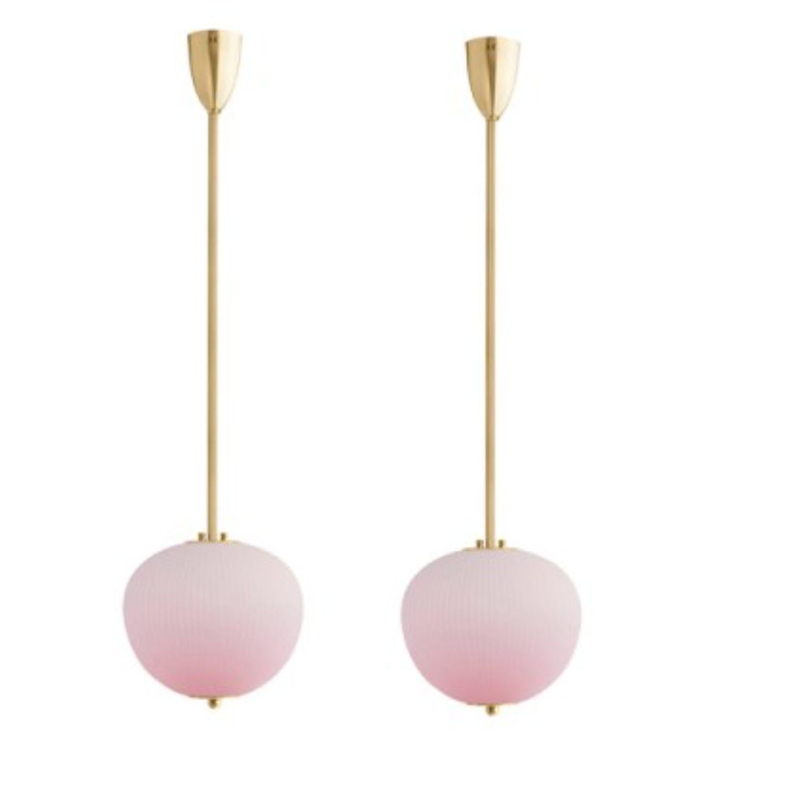 Pendant China 03 by Magic circus editions
Dimensions: H 90 x W 26.2 x D 26.2 cm, also available in H 110, 130, 150, 175, 190
Materials: Brass, mouth blown glass sculpted with a diamond saw
Colour: soft rose

Available finishes: Brass,