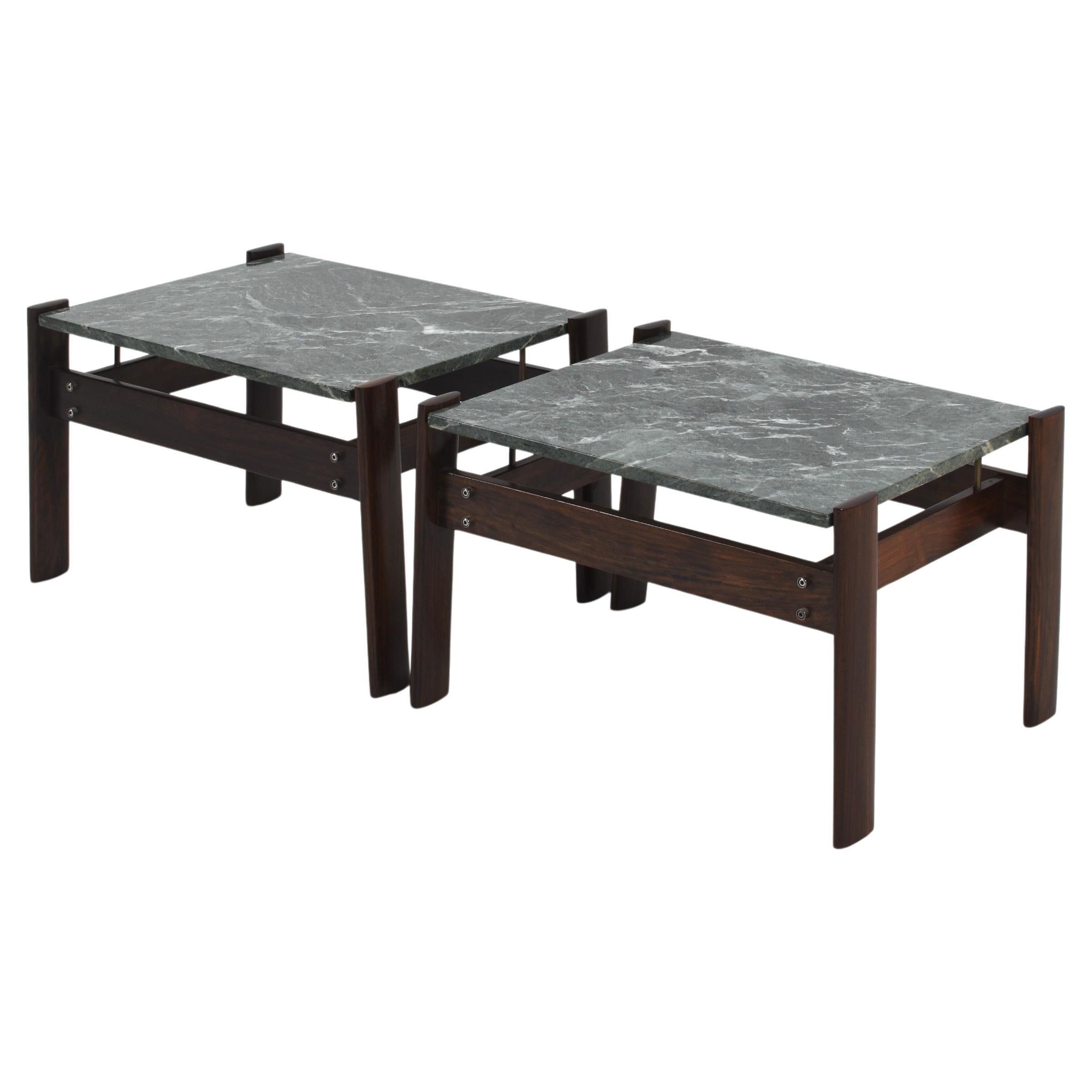 Elegant pair of side tables designed by Percival Lafer in Brazil, circa 1970. Featuring striking green marble tops and solid wood frames, these tables embody mid-century modern sophistication with Brazilian flair. A rare and sculptural set that adds