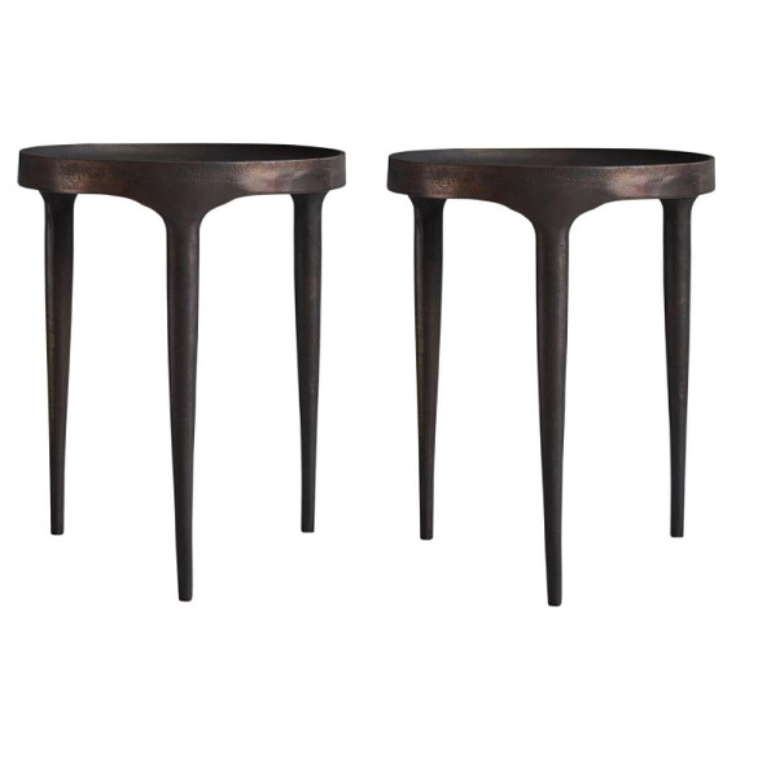 Set of 2 Phantom tables tall by 101 Copenhagen
Designed by Kristian Sofus Hansen & Tommy Hyldahl
Dimensions: L40 / W40 /H50 CM
Materials: Cast Iron

Characterized by its intentional naive and handmade expression and raw, unpolished surface, the