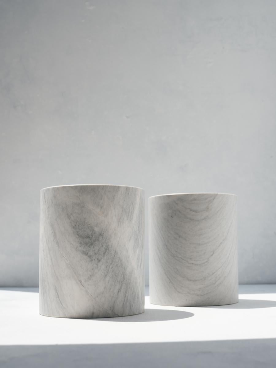 Set of 2 Philo Canisters by Faye Tsakalides.
Dimensions: 16 W x 16 L x 19 H cm (each).
Materials: special Lais marble. 
Technique: Crafted from a single piece of marble. Hand-crafted, Polished. Mat finished. 

Faye Tsakalides is a Greek