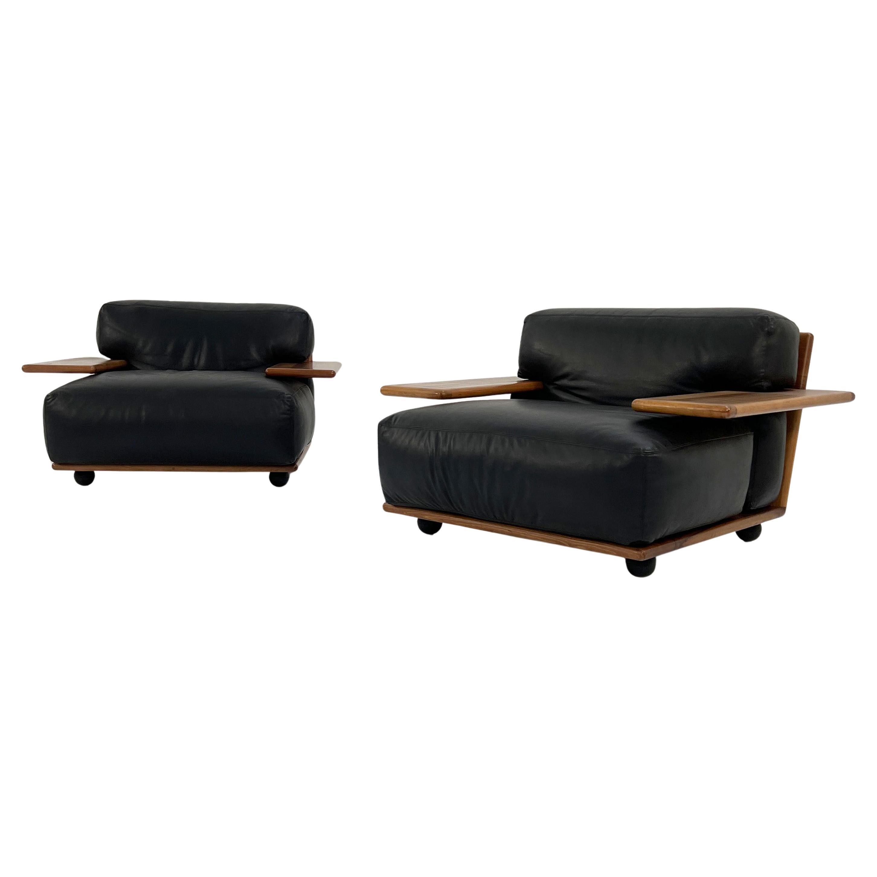 Set of 2 Pianura Armchairs in Black Leather by Mario Bellini for Cassina, 1970s For Sale