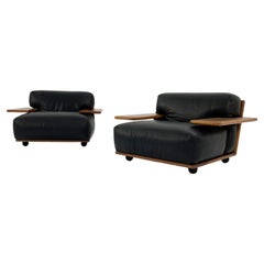 Set of 2 Pianura Armchairs in Black Leather by Mario Bellini for Cassina, 1970s