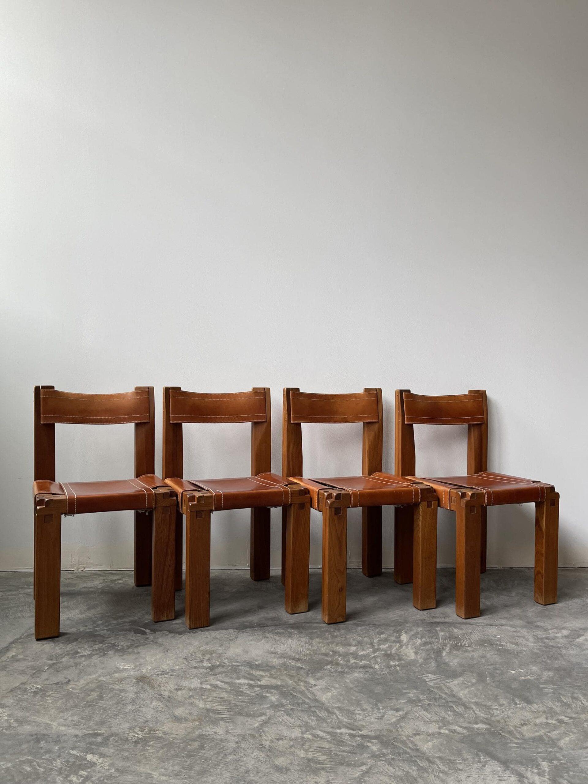 The remaining 2 from original set of 4.  These S11 chairs in near mint condition perfectly reveals Chapo’s artisanal craftsmanship and refined sharp design details as evidenced by its wood joinery and leather stitching.

A warm patina on the leather