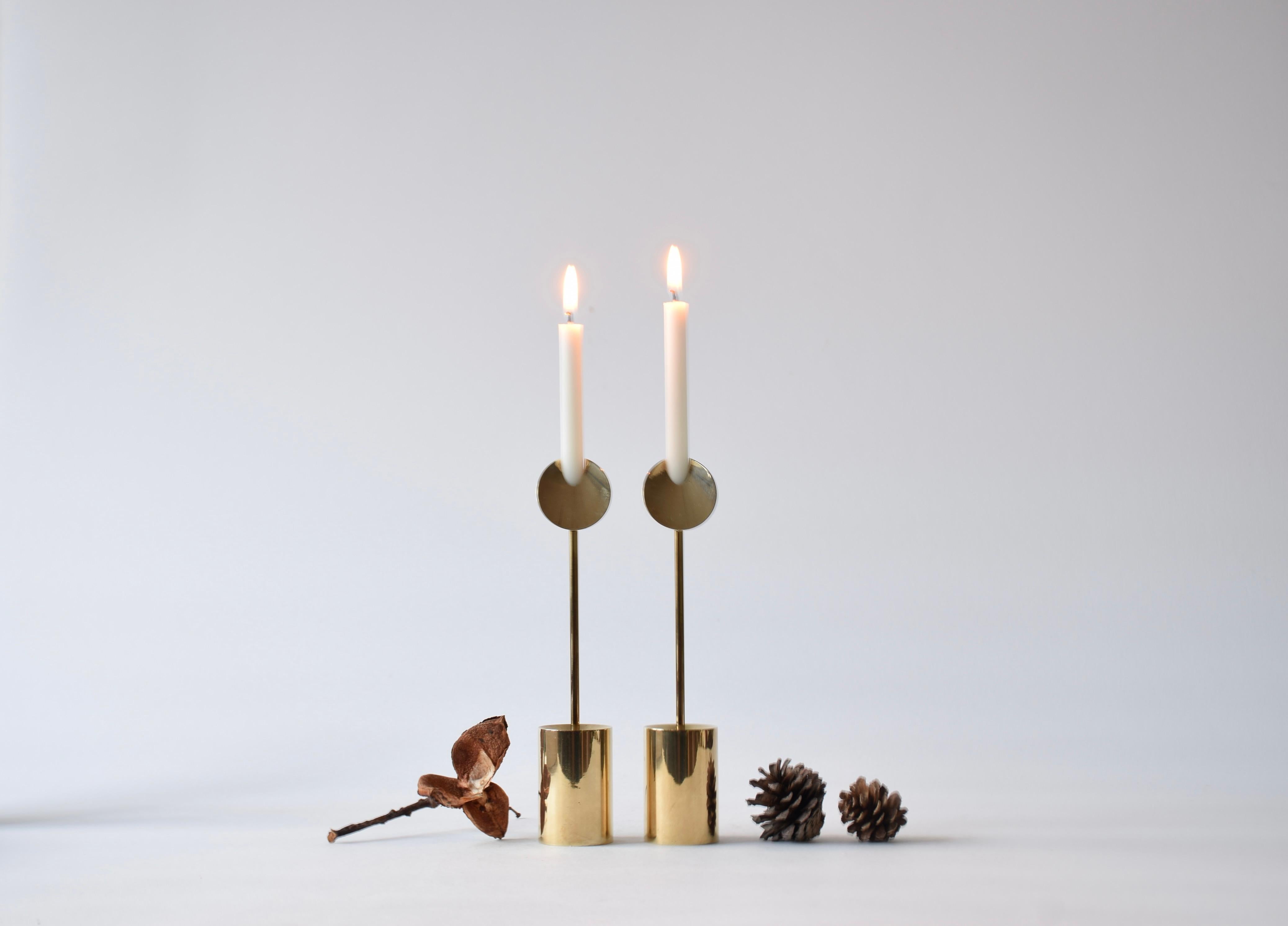 20th Century Set of 2 Pierre Forsell Aniara Brass Candlesticks for Skultuna Sweden, 1960s For Sale