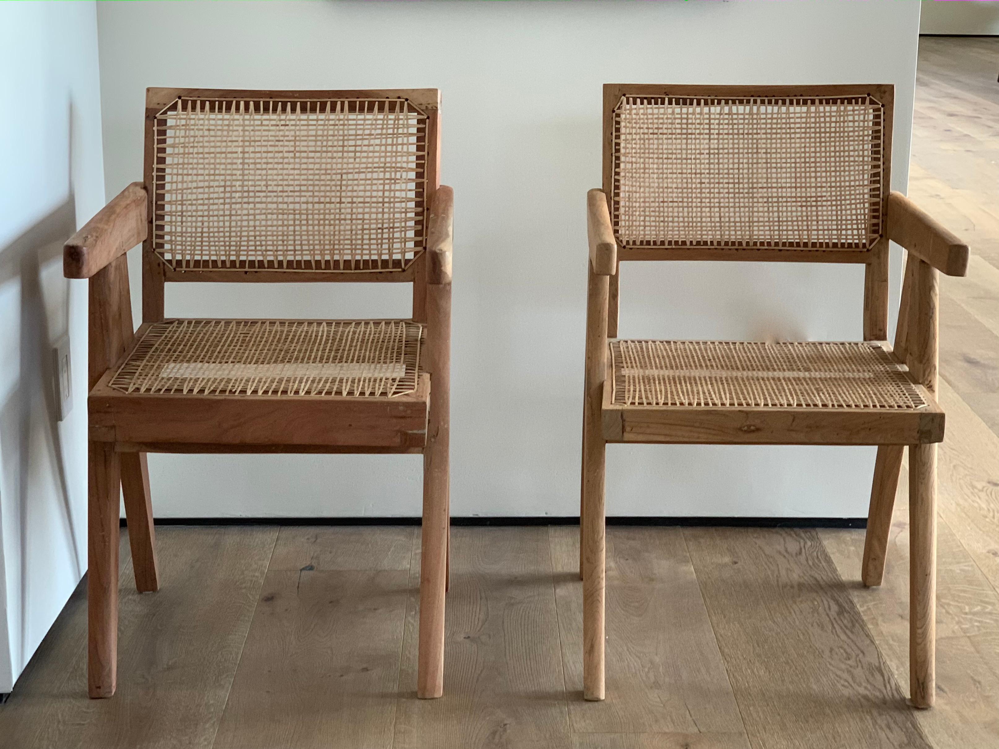 Set of 2 Pierre Jeanneret Office Cane Chairs with Newer Weaving In Good Condition In West Hollywood, CA