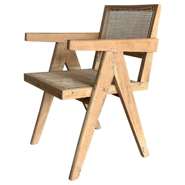 Set of 2 Pierre Jeanneret Office Cane Chairs with Newer Weaving at 1stDibs