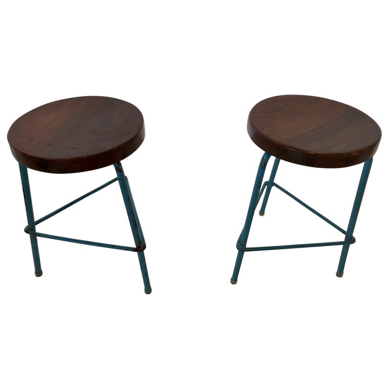 Set of 2 Pierre Jeanneret Stools, Blue, from Chandigarh, circa 1950 For Sale
