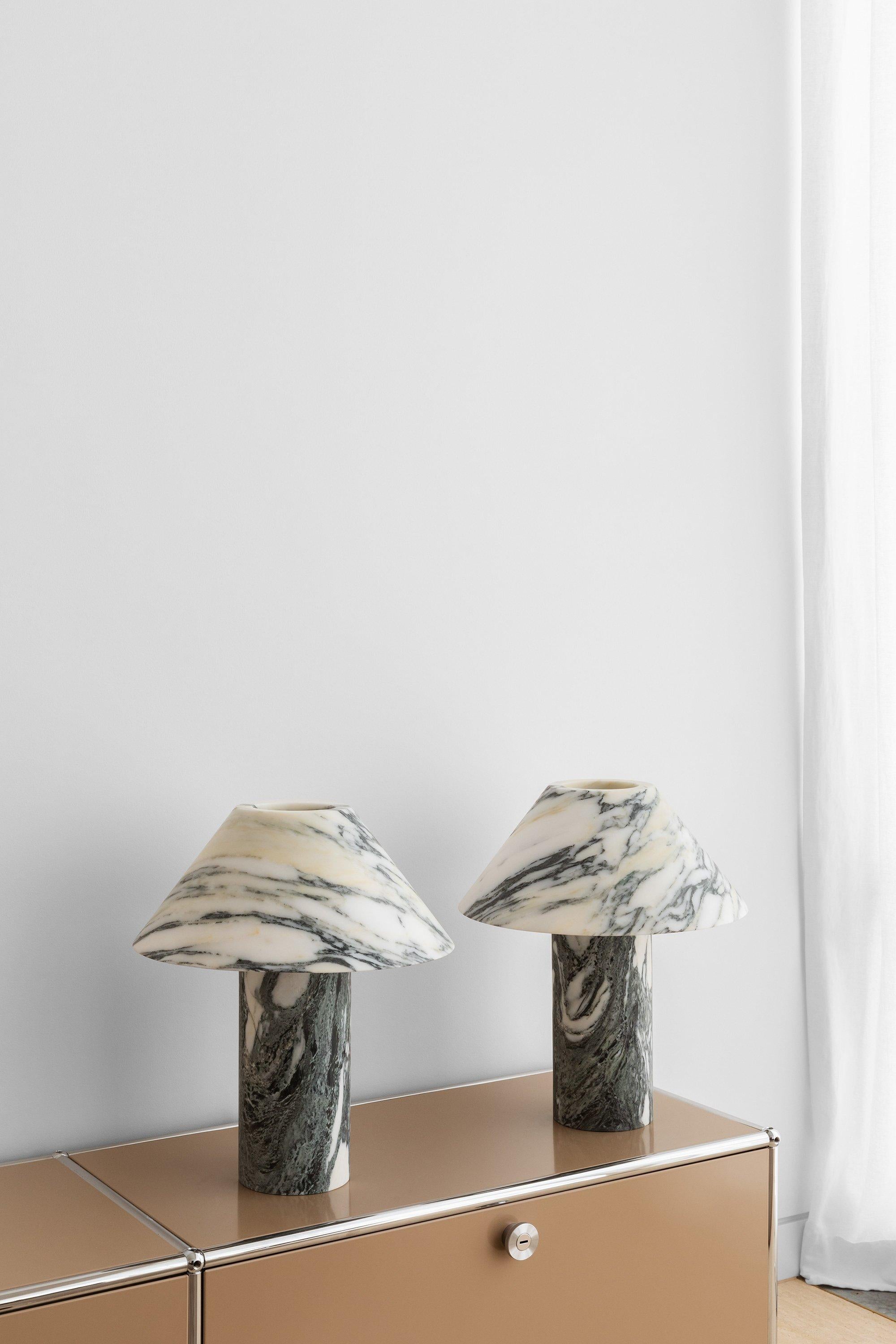 Pillar lamp in Arabescato marble by Henry Wilson
Dimensions: Surface sconce are 40 x 12 x 35 cm
Materials: Arabescato marble

Pillar lamp is hewn from two pieces of solid Arabescato marble. It is heavy and will require care in transport and a sturdy