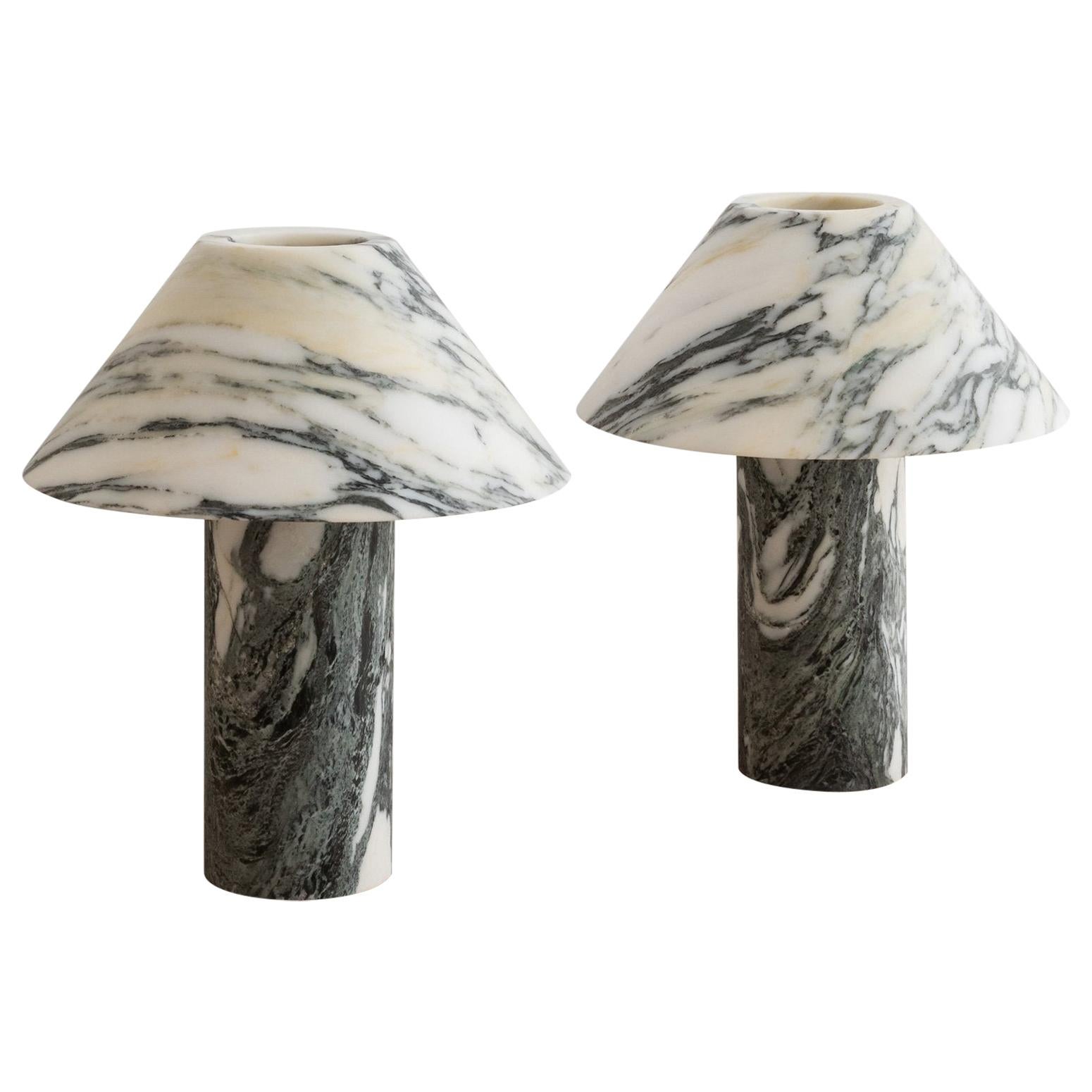 Set of 2 Pillar Lamp in Arabescato Marble by Henry Wilson
