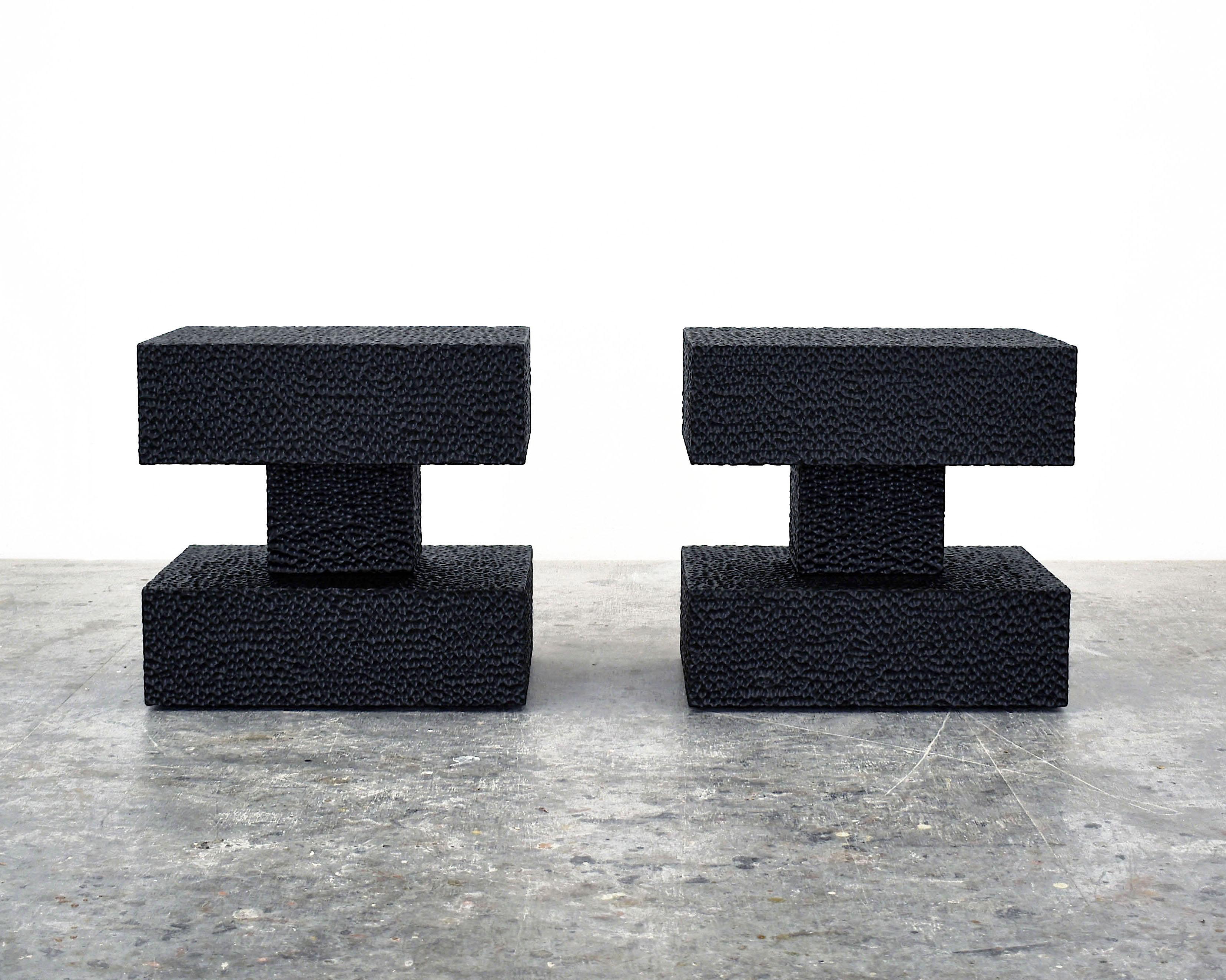 Set of 2 pillar table by John Eric Byers
Dimensions: 50.8 x 50.8 x 35.5 cm
Materials: Carved blackened maple

All works are individually handmade to order.

John Eric Byers creates geometrically inspired pieces that are minimal, emotional, and