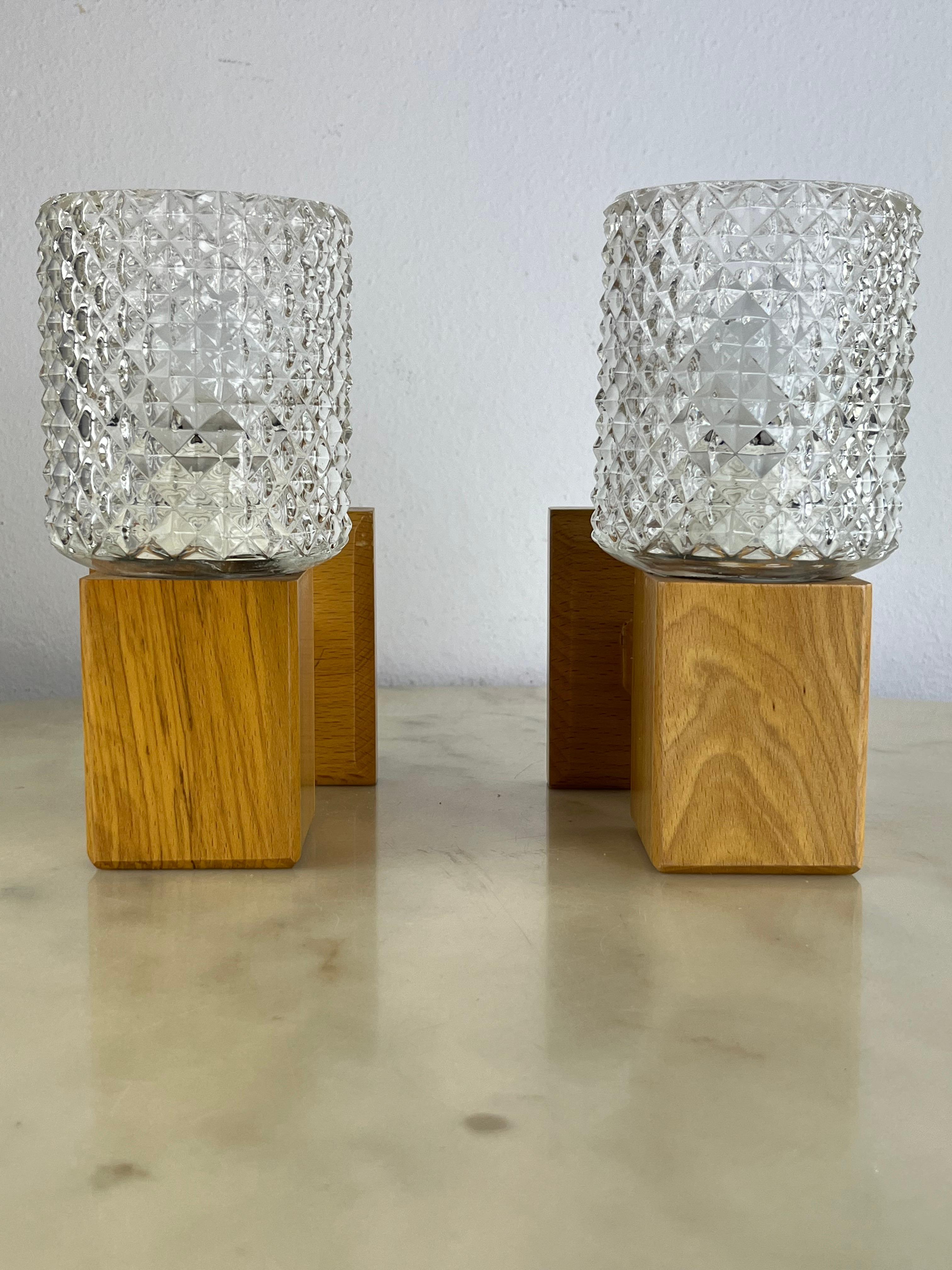 Set Of 2 Pine Wood And Glass Sconce Wall Lamps Mid-Century Denmark 1960s For Sale 5