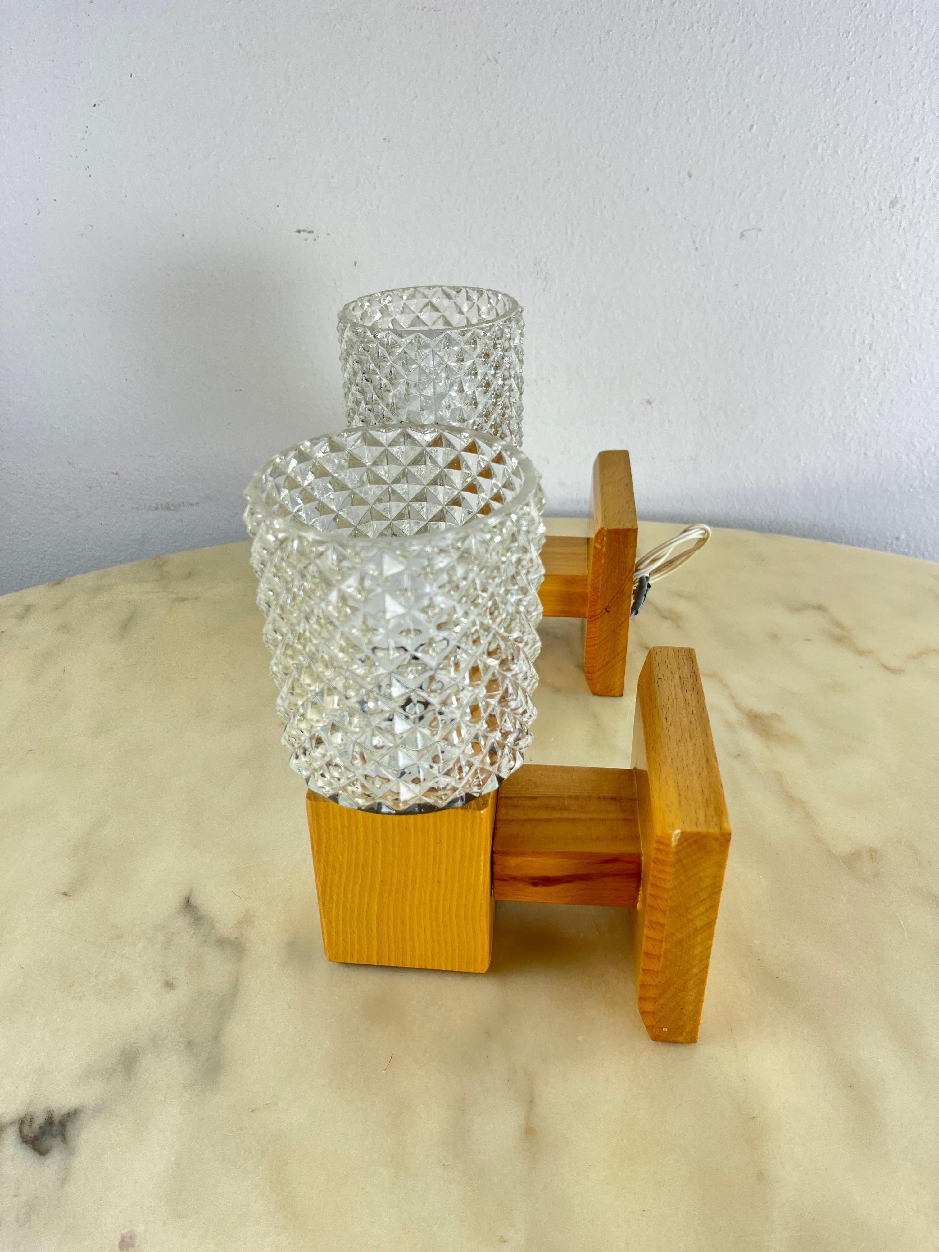 Set Of 2 Pine Wood And Glass Sconce Wall Lamps Mid-Century Denmark 1960s For Sale 1