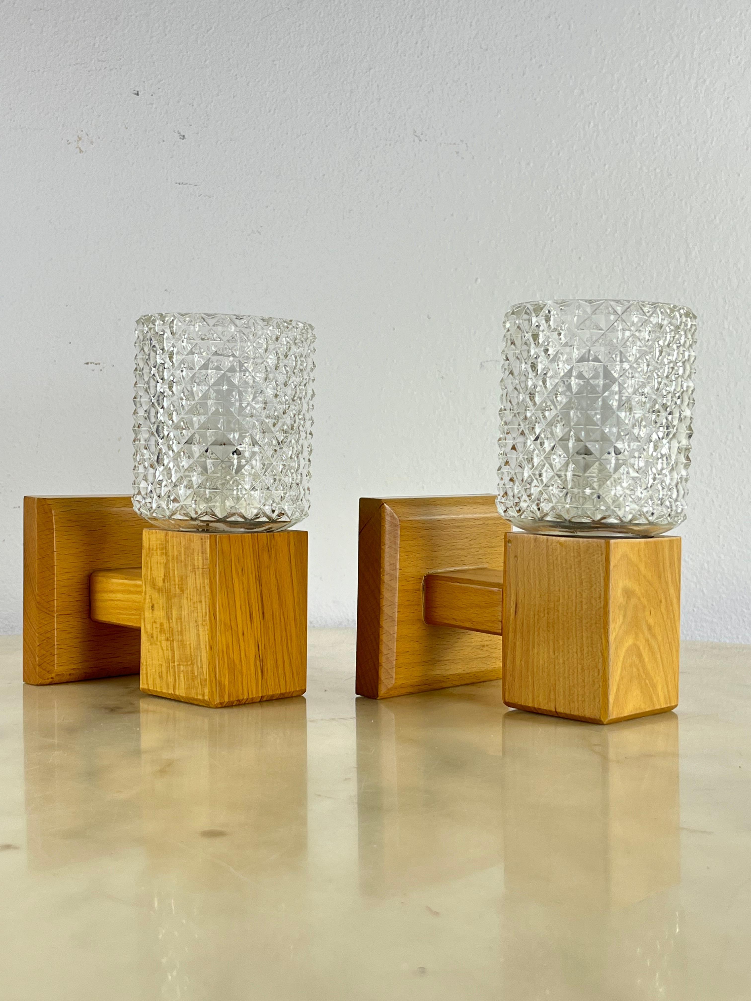 Set Of 2 Pine Wood And Glass Sconce Wall Lamps Mid-Century Denmark 1960s For Sale 3