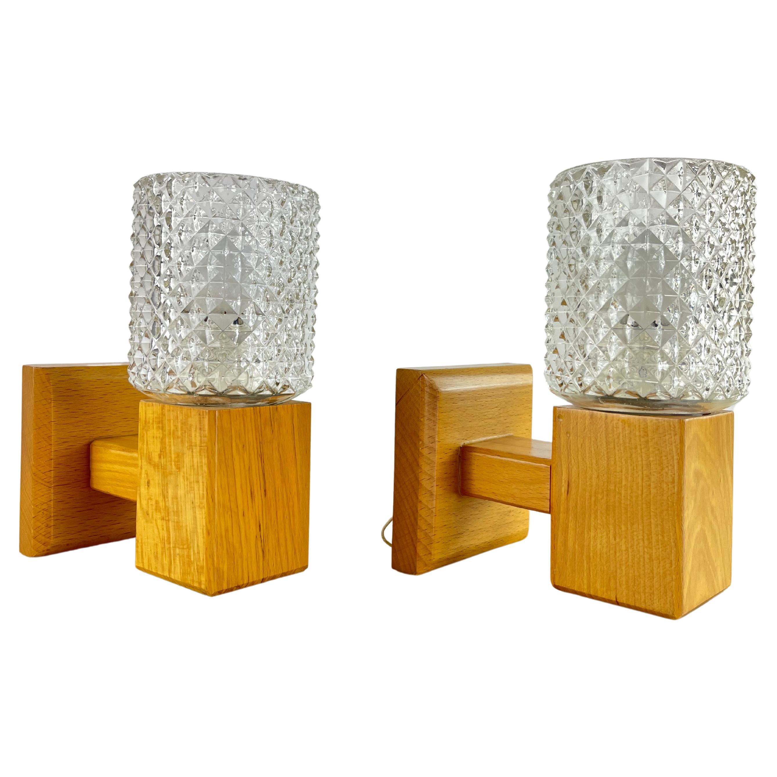 Set Of 2 Pine Wood And Glass Sconce Wall Lamps Mid-Century Denmark 1960s