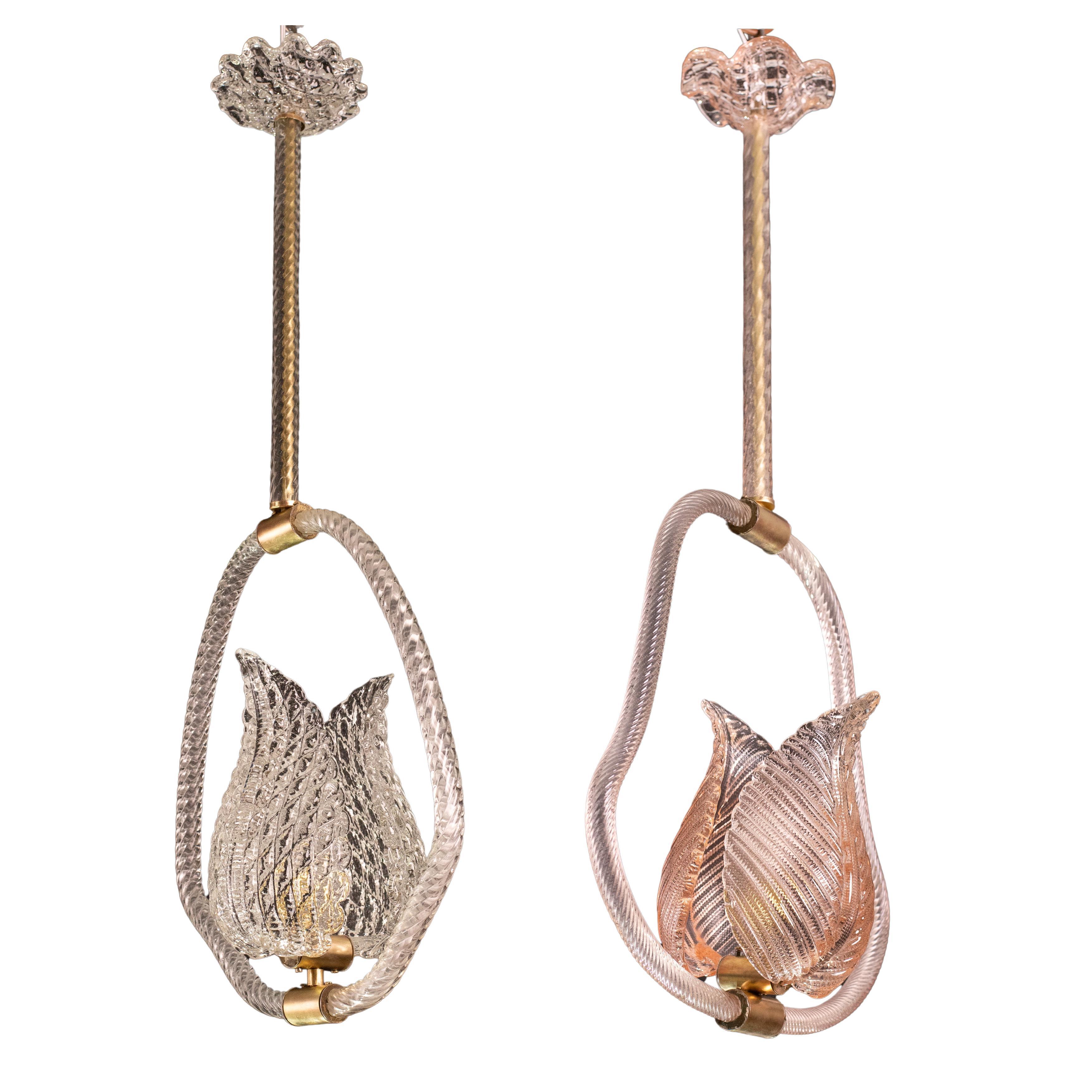 Set of 2 Pink and Trasparent Murano Glass Chandelier by Barovier e Toso, 1950s For Sale