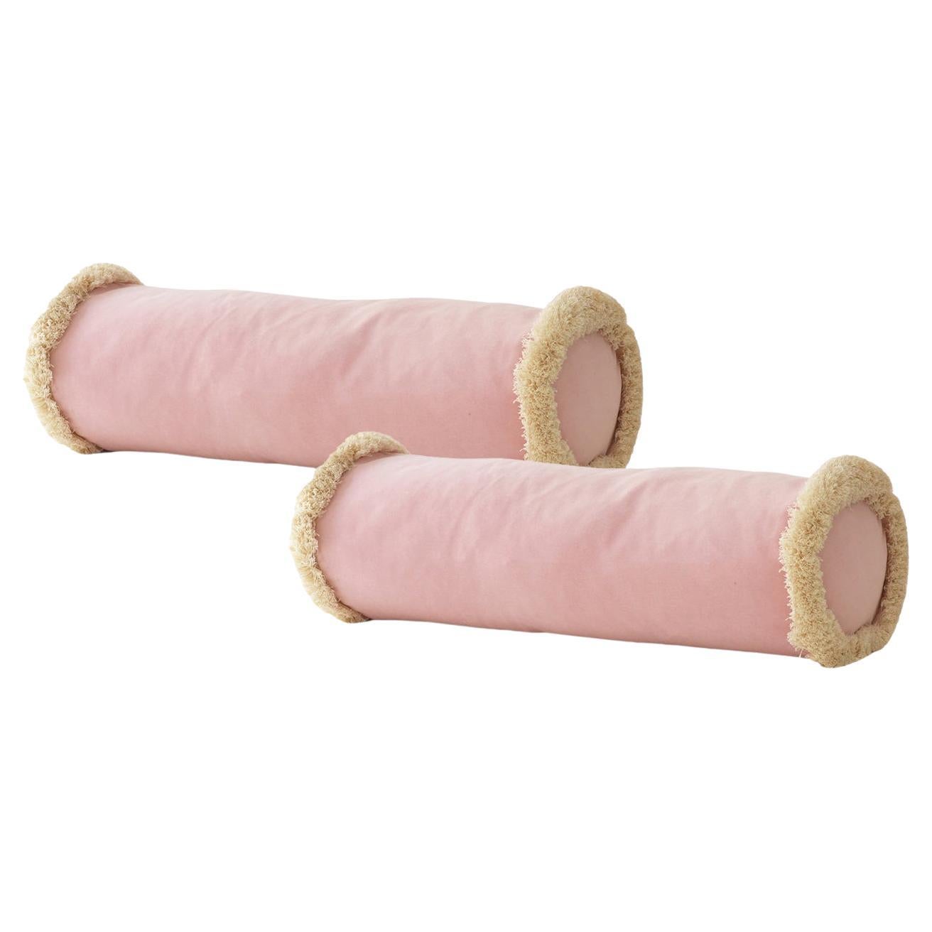 Set of 2 Pink Bolsters Velvet Deluxe Handmade Cushions