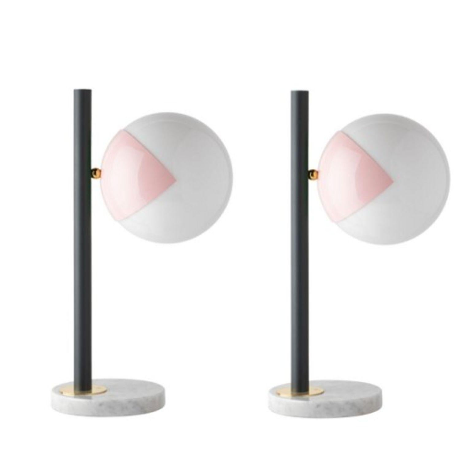 Pink dimmable table lamp pop-up black by Magic Circus Editions
Dimensions: Ø 22 x 30 x 53 cm 
Materials: Carrara marble base, smooth brass tube, glossy mouth blown glass

All our lamps can be wired according to each country. If sold to the USA