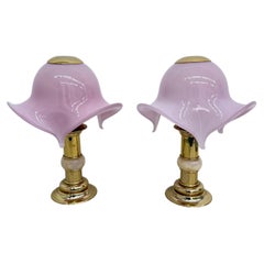 Set of 2 pink murano glass table lamp with alabaster detail , 1970s