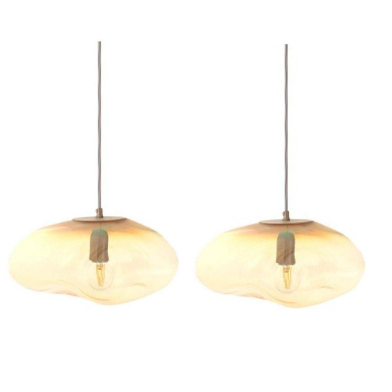 Set of 2 Planetoide Airisi Amber Iridescent Pendants by Eloa.
No UL listed 
Material: Glass,Steel,Silver, LED Bulb
Dimensions: D30 x W30 x H250 cm
Also Available in different colours and dimensions.

All our lamps can be wired according to each